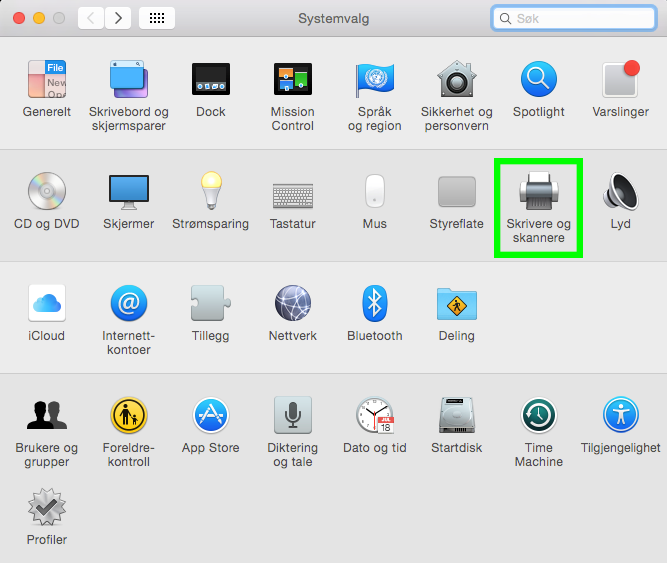 Skjermbilde av Systemvalg i Mac med "Skrivere og skannere" uthevet.