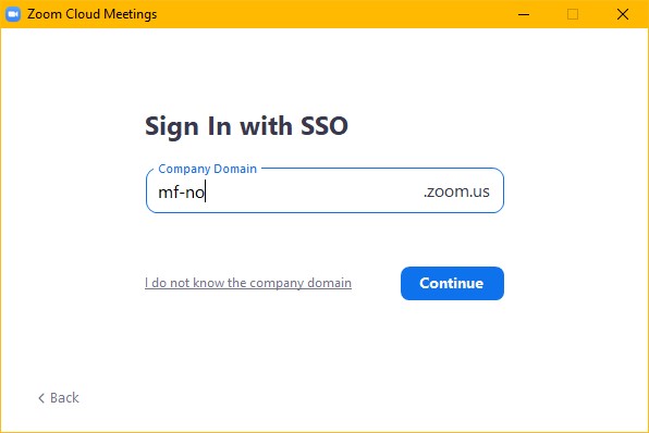Use mf-no as 'Company Domain' when signing in to Zoom with SSO sign-in.