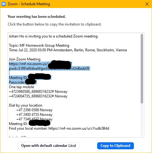 Screenshot of the 'Meeting created' dialog in Zoom, with the sharing details on the bottom.