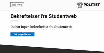 Skjermbilde fra politiets nettsider med teksten "Du har ingen bekreftelser fra Studentweb".