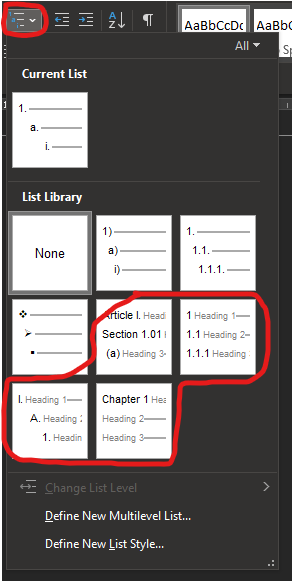 A screenshot of the menu in Word, with a red ring around the button for "Multilevel list", and a red ring around the options that give different types of numbered headings.