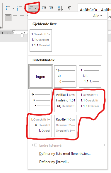 Skjermbilde av menyen i Word, med rød ring rundt knappen for "Lister med flere nivåer", og rød ring rundt valgene for forskjellige typer nummererte overskrifter.