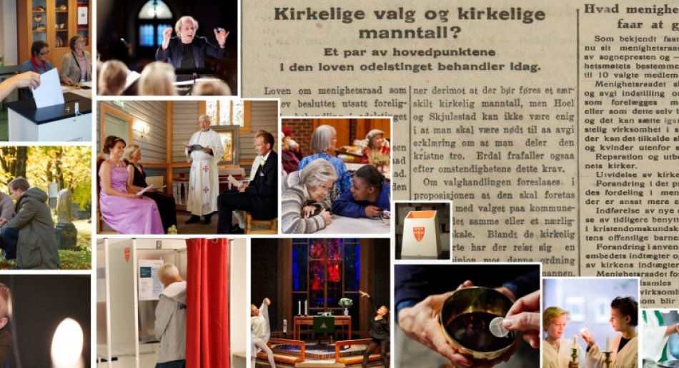 Collage av bilder fra diverse kirkelige handlinger og nyhetsartikkel