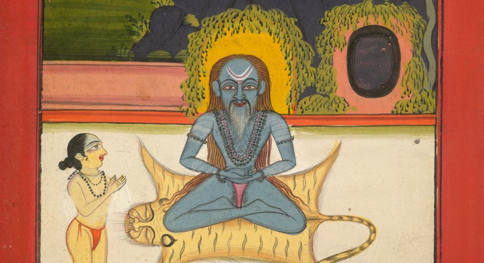 A blue, bearded man is seated in lotus position with a supplicant nearby.