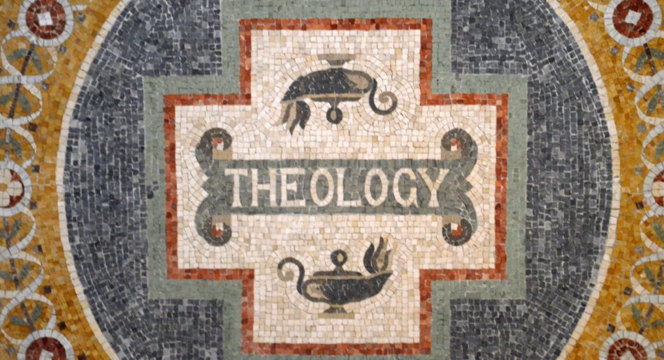 A mosaic with the word THEOLOGY in the center, with oil lamps above and below.