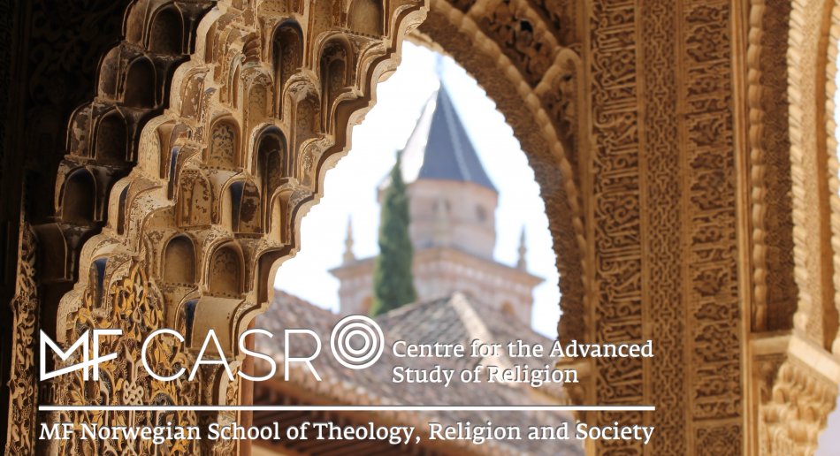 A stone archway looking out on a tower with the MF CASR logo on top.