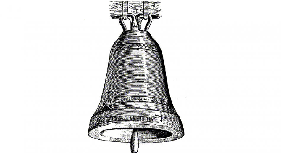 Black and white drawing of an old-fashioned large bell
