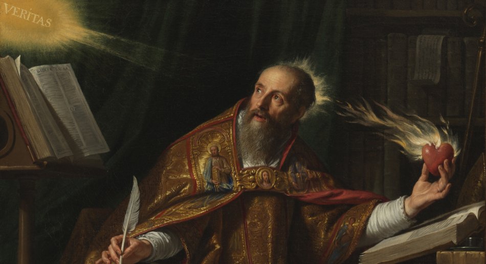 A man with a beard and heavy robes holds a pen in one hand and a flaming heart in the other.  He looks up at a glowing golden cloud that says VERITAS.