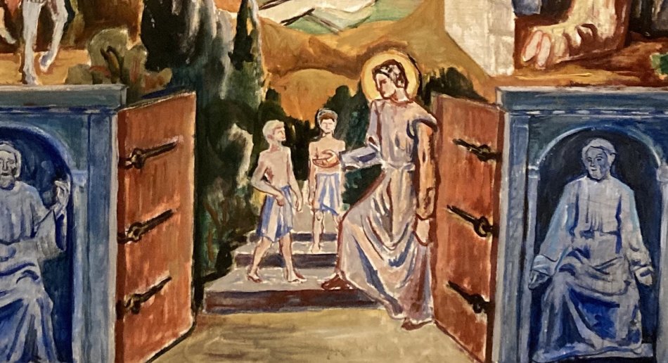 Closeup of a painting with Jesus and two boys