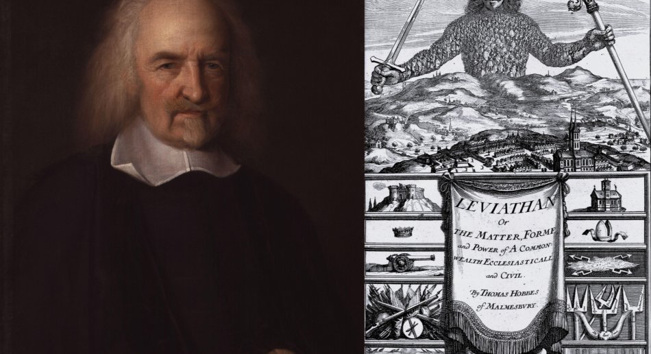 On the left is a painting of a balding man in old-fashioned clothing.  On the right is a line drawing of a man rising above a sea, with the title LEVIATHAN below.