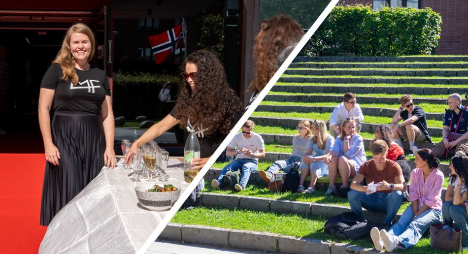 To bilder sidestilt. Til venstre: prorektor Hilde Brekke Møller på rød løper ved studiestart 2024. Til høyre: Studenter som sitter i uteamfiet ved studiestart 2024
