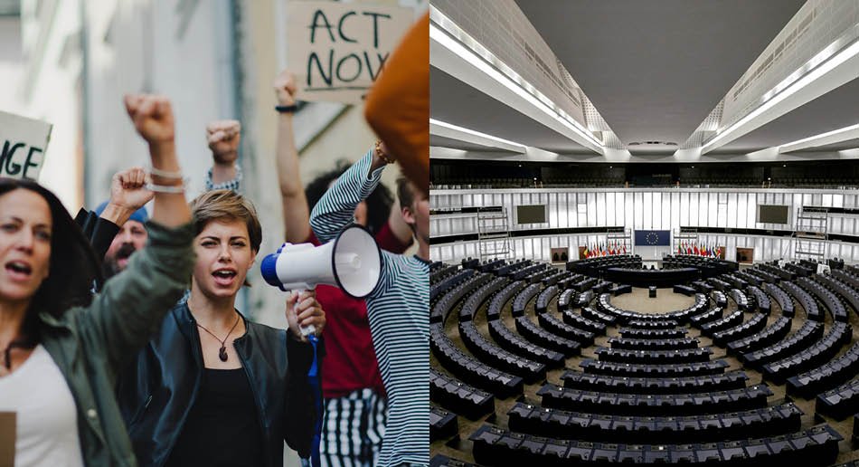 demonstranter og salen i EU-parliamentet