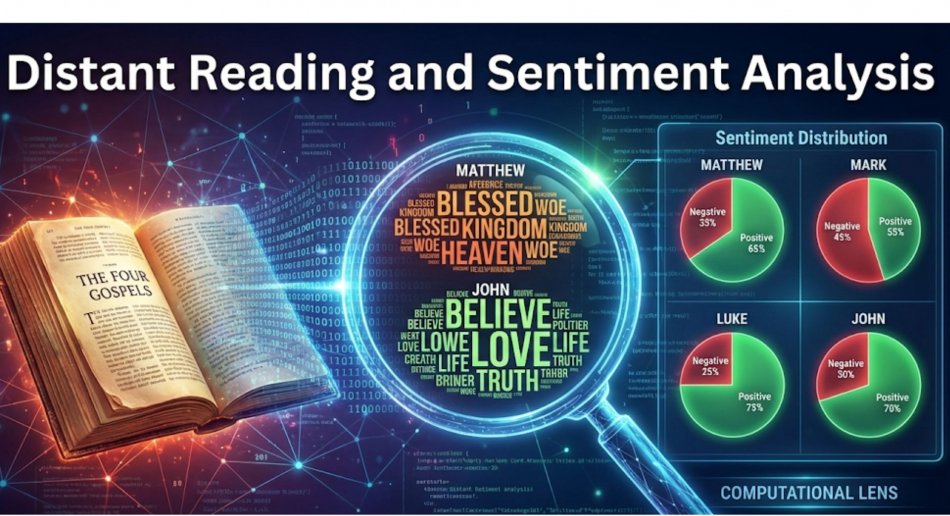 AI generated illustrations of Distant reading, inlcuding pie charts and a magnifying glass and a bible