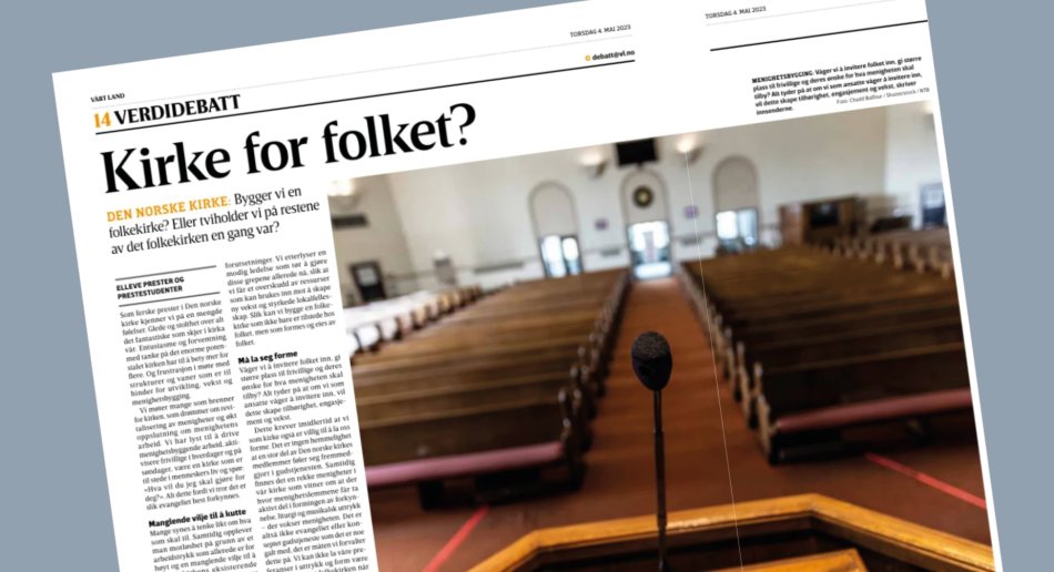 avisside fra Vårt Land 4. mai 2023. debattinnlegg med tittelen "kirke for folket?"