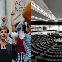 demonstranter og salen i EU-parliamentet